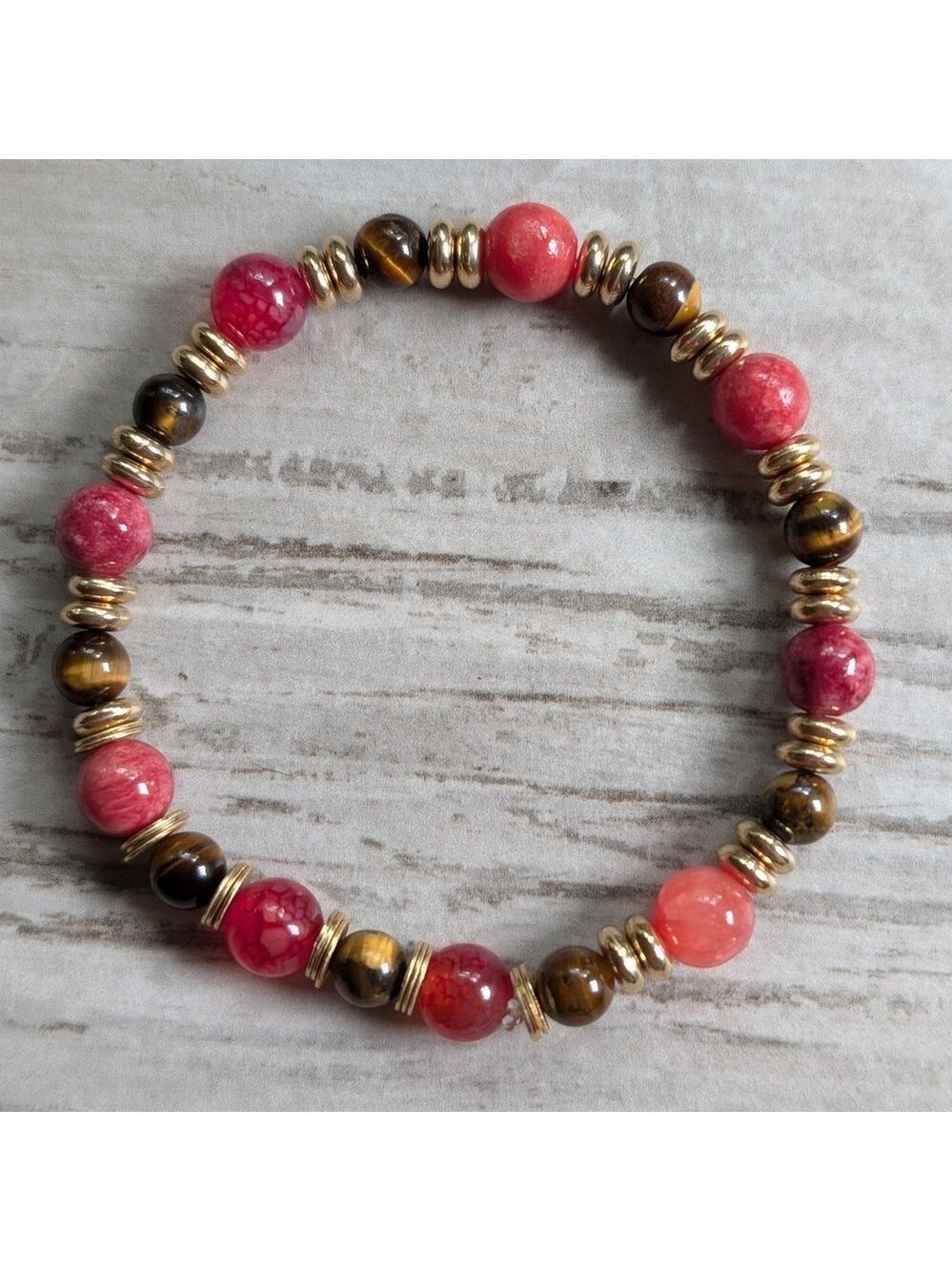 Elegant Ruby Quartz and Tiger Eye Natural Stone Beaded Stretch Bracelet